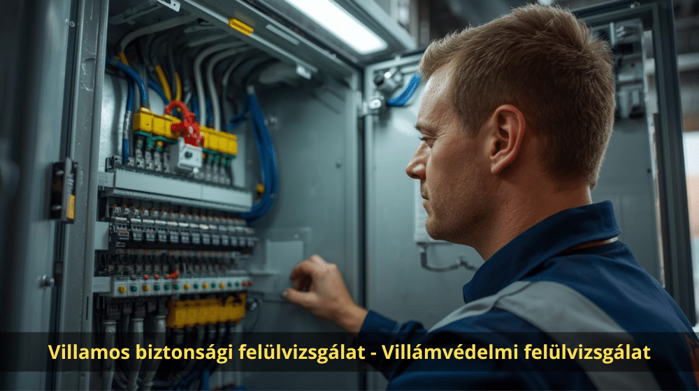 Villamosbiztonsági ellenőrzés: munkás védőfelszerelésben karbantartja az elektromos panelt munkavédelmi előírások szerint